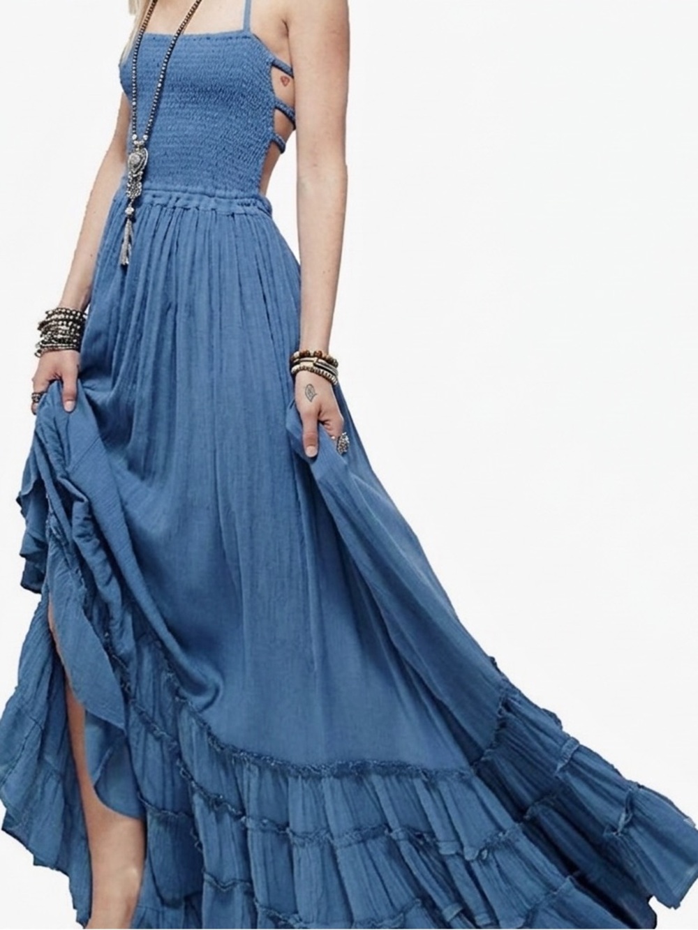 R. YIPOSHA Blue Smocked Maxi Dress Open Back Tiered Boho Summer Beach M